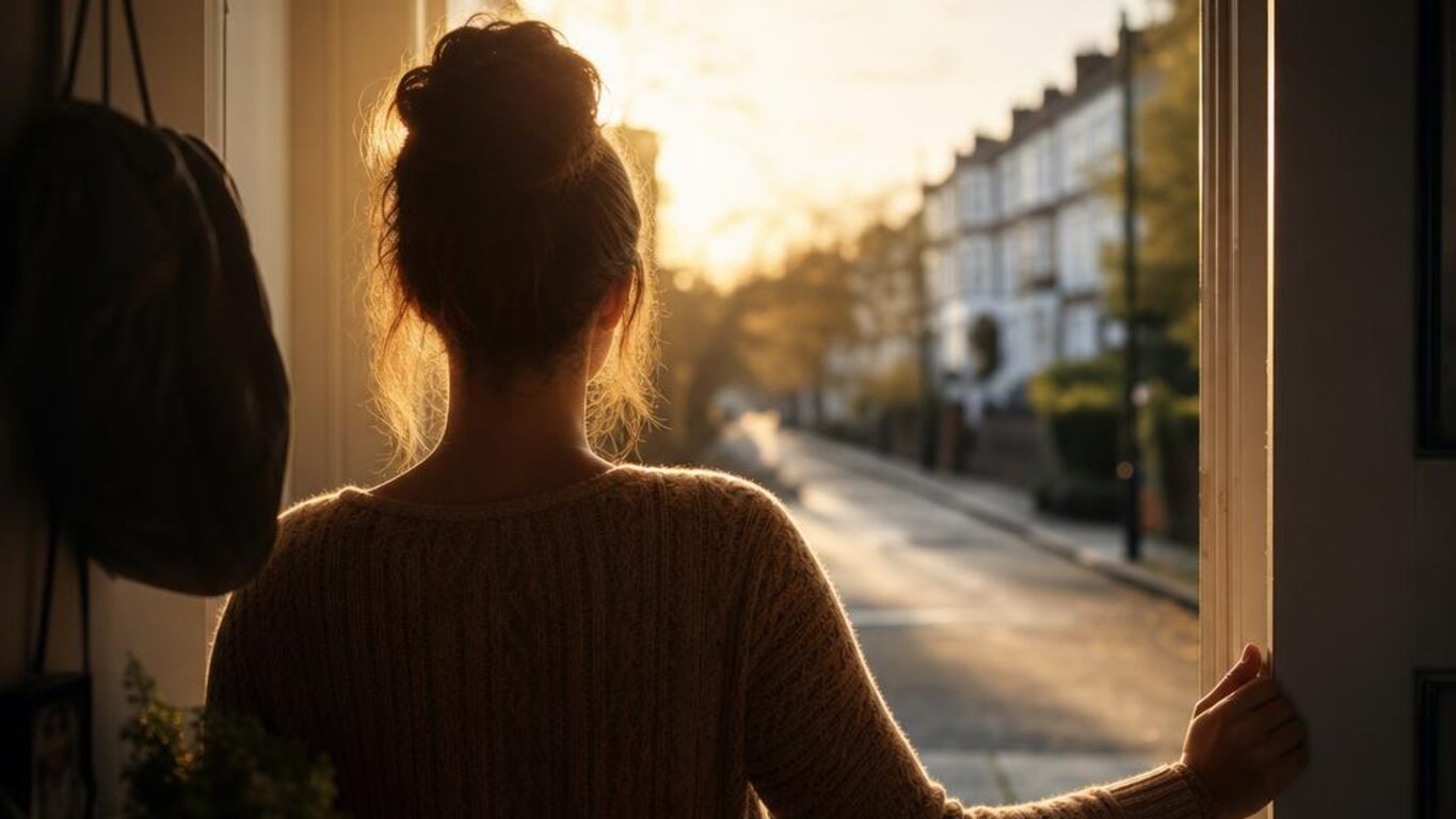 O femeie în pragul unei uși deschise, pășind spre lumină — un nou început, fără abuz