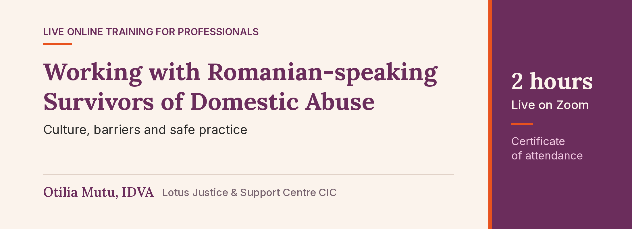Working with Romanian-speaking Survivors of Domestic Abuse, live online training by Lotus